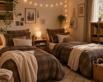 Brown Plaid College Dorm Twin XL Cotton Bed Set Duvet Cover Pillowcases