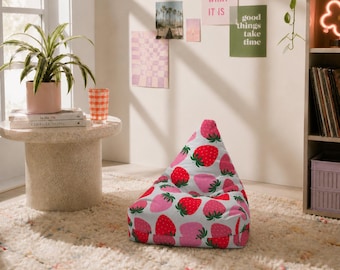 Kids Bean Bag Chair Cover, Kawaii Strawberry Bean Bag, Bean Bag Chair for Kids, Playroom Seating, Cute Room Decor Gift