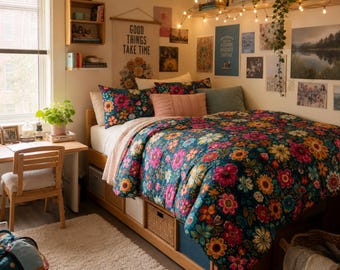 Colorful Wildflower Duvet Cover Set | Bright Floral Bedding | Twin XL Dorm Bedding | Cozy Bedroom Decor