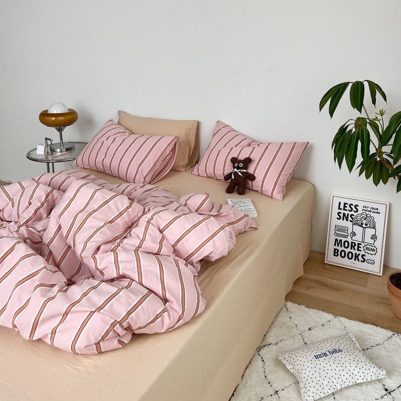 Insta-Chic Vitamin Color Stripe Washed Cotton Bedding Set: Bee Pink Sheets & Duvet Cover Available in Twin, Full, Queen, King Pink