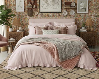 Rustic Ruffled Washed Cotton Duvet Cover Set: Farmhouse Cottage Bedding