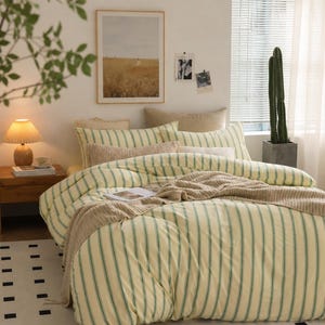 Juego de funda nórdica a rayas, ropa de cama de algodón lavado, ropa de cama a rayas verdes, rosas y azules, funda nórdica tamaño Queen/King, decoración de dormitorio estilo rústico costero. imagen 7