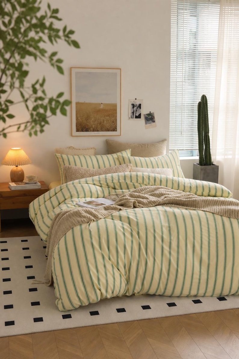 Juego de funda nórdica a rayas, ropa de cama de algodón lavado, ropa de cama a rayas verdes, rosas y azules, funda nórdica tamaño Queen/King, decoración de dormitorio estilo rústico costero. imagen 7