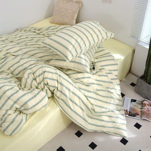 Juego de funda nórdica a rayas, ropa de cama de algodón lavado, ropa de cama a rayas verdes, rosas y azules, funda nórdica tamaño Queen/King, decoración de dormitorio estilo rústico costero. imagen 10