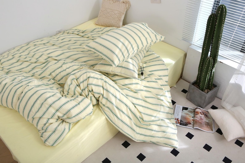 Juego de funda nórdica a rayas, ropa de cama de algodón lavado, ropa de cama a rayas verdes, rosas y azules, funda nórdica tamaño Queen/King, decoración de dormitorio estilo rústico costero. imagen 10