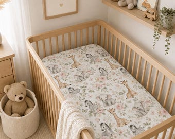 Watercolor Safari Animals Baby Fitted Crib Sheet | Giraffe Elephant Floral