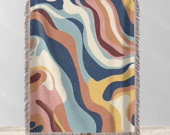 Manta tejida vintage moderna de mediados de siglo, manta bohemia retro, tapiz floral oscuro, manta 100 % algodón para sofá o cama.