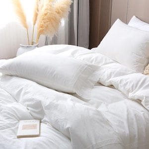 White Lace  Duvet Cover Set with Lace Trim – Luxurious Washed Cotton Bedding
