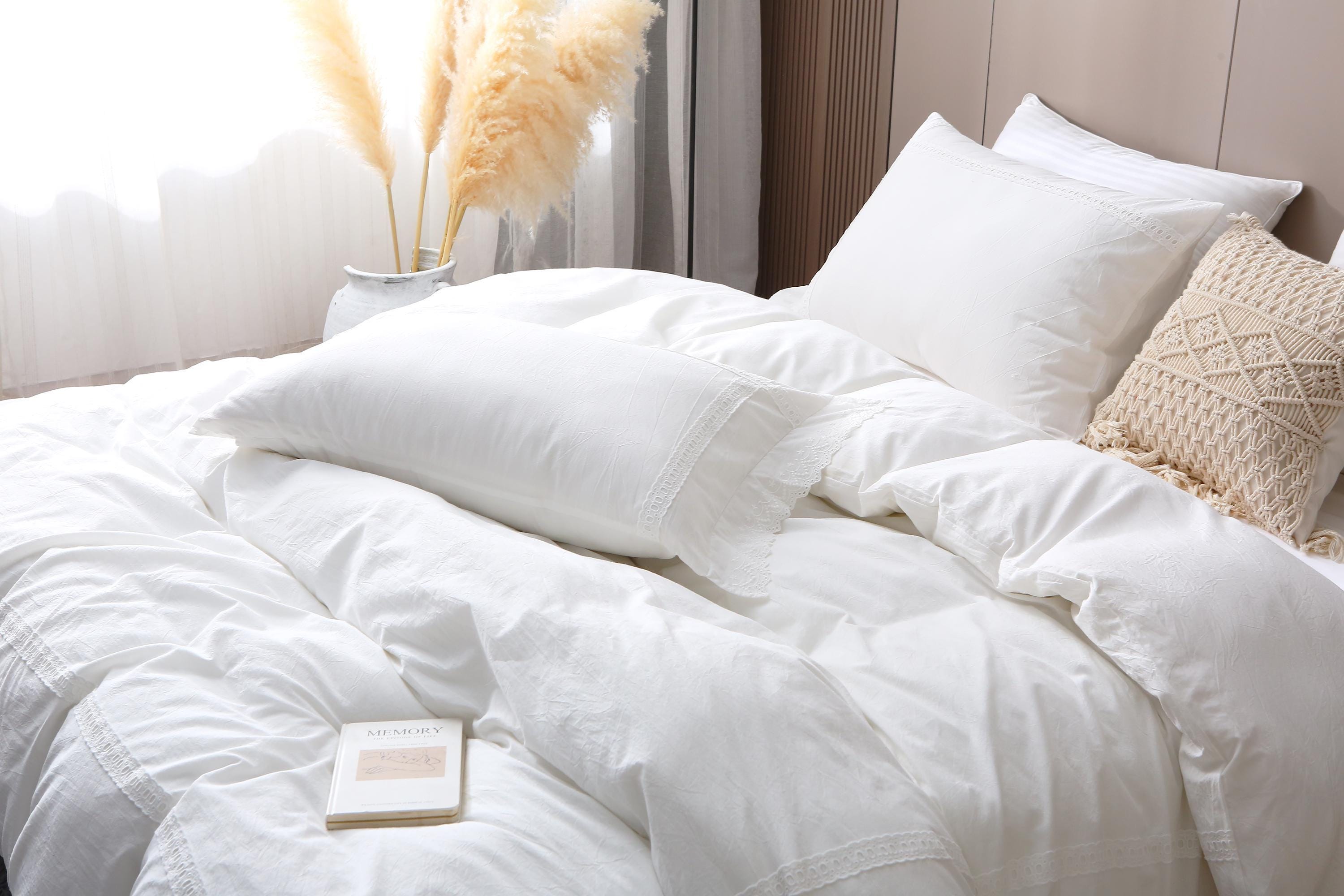 White Lace Duvet Cover Set with Lace Trim – Luxurious Washed Cotton Bedding