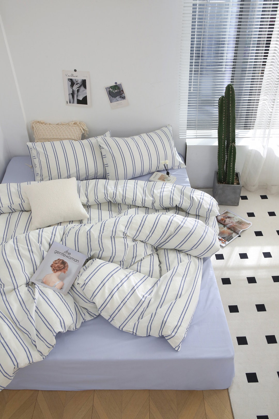 100% Stonewashed Cotton Duvet Set-  Sky Blue Stripe