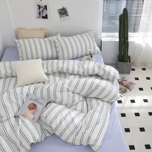 Blue Stripe Washed Cotton Bedding Set: Insta-Chic Duvet Cover