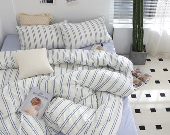 Ruffled Striped 100% Cotton Bedding Set: Beige Brown Duvet Cover and Pillowcases