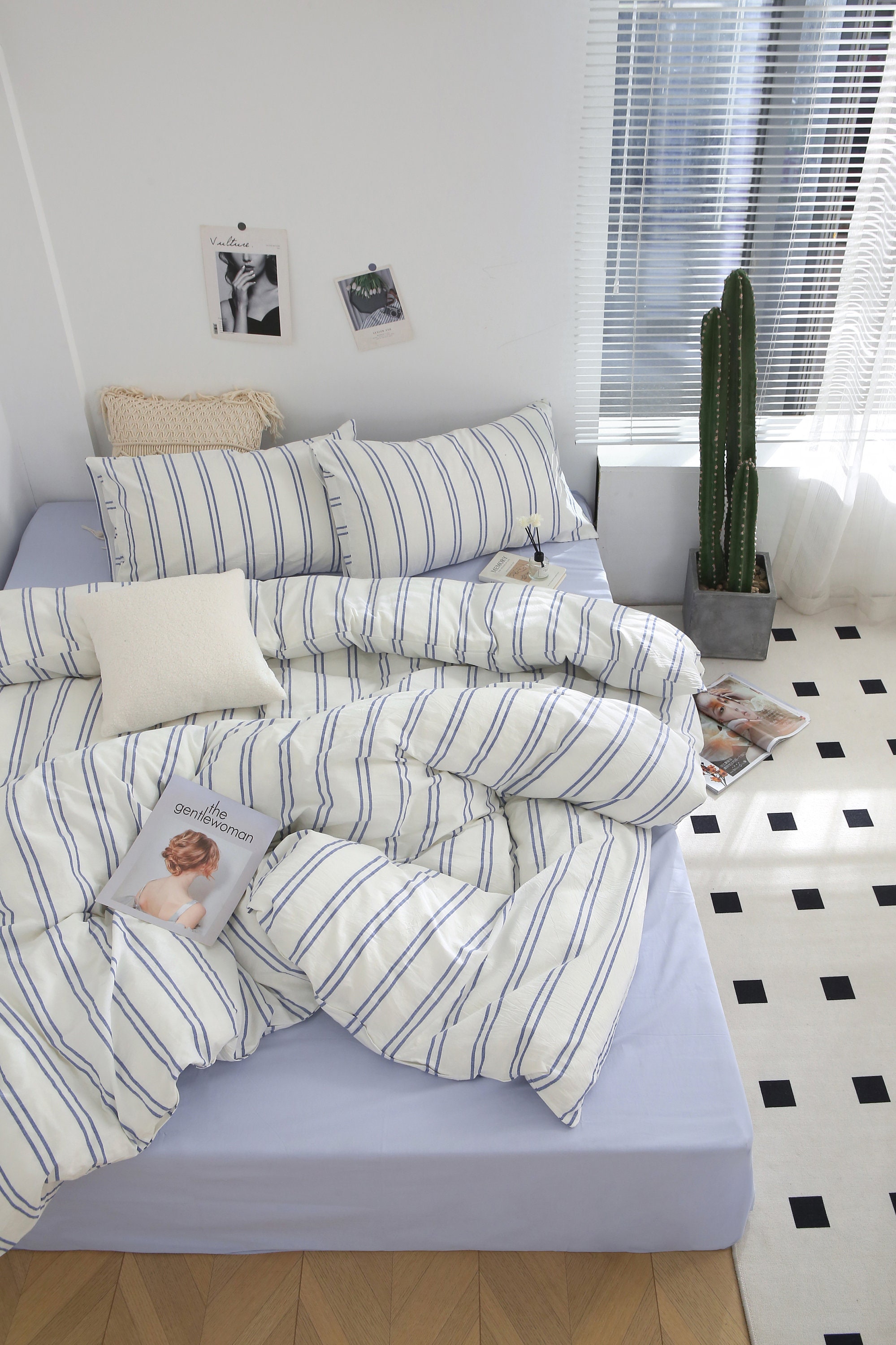 Blue Stripe Washed Cotton Bedding Set InstaChic Duvet Cover