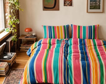 Colorful Striped Cotton Duvet Cover | Bright Rainbow Stripe Bed Set