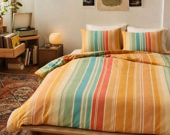 Colorful Striped Cotton Duvet Cover | Bright Rainbow Stripe Bed Set