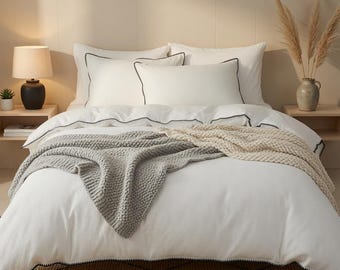 White Waffle Duvet Cover Set Queen King – Black Trim Modern Farmhouse Bedding, Cozy Boho Cottagecore Bedroom Decor