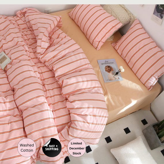 Striped Duvet Cover Set – Washed Cotton Bedding in Pink, Blue, Green | Cottagecore & Scandi Boho Decor