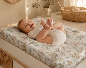 Safari Animals Baby Changing Pad Cover | Neutral Nursery Giraffe Elephant Print