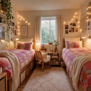 Könnte beinhalten: Ein Schlafzimmer mit zwei Einzelbetten, die mit rosa und bunten Patchwork-Tagesdecken sowie weißen Strickdecken ausgestattet sind. Zwischen den Betten steht ein Schreibtisch mit einem Holzstuhl, ergänzt durch Lichterketten und Wandbilder.