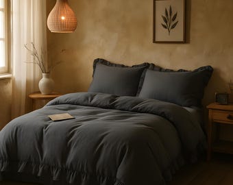 Vintage Ruffled Charcoal Duvet | Farmhouse Gray Bedding Set | Country Rustic Comforter Cover | Shabby Chic Bedroom Cotton King Queen