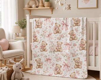 Teddy Bears and Pink Bows Baby Swaddle Blanket | Floral Nursery Pattern