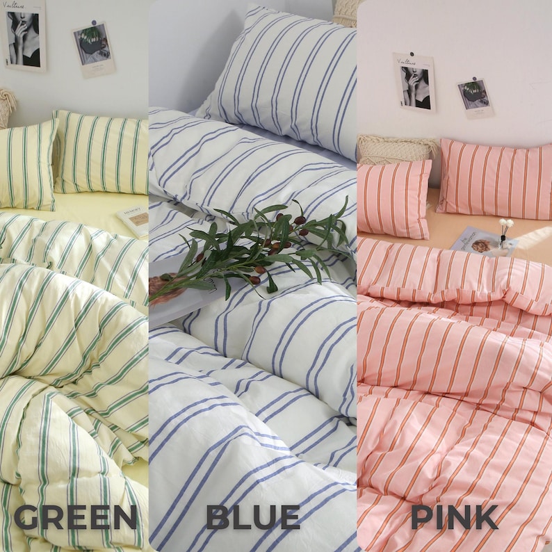 Juego de funda nórdica a rayas, ropa de cama de algodón lavado, ropa de cama a rayas verdes, rosas y azules, funda nórdica tamaño Queen/King, decoración de dormitorio estilo rústico costero. imagen 6