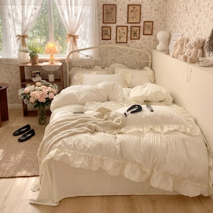 Blue Ruffle Girls Bedding Set – Kids Bedding, Soft Cotton Duvet Cover, Coquette Bedding, Cottagecore Teen Room Decor Full Queen
