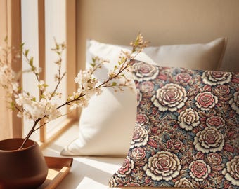 May include: A decorative throw pillow with a floral pattern featuring large, detailed roses in shades of pink, beige, and brown. The background is a dark blue with hints of green.