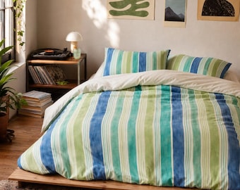 Retro Orange Blue Stripe Cotton Bed Set | Duvet Cover & Pillowcases