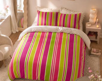 Bright Pink and Lime Striped Duvet Cover