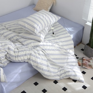 Blue Striped Washed Cotton Bedding Set: Soft Breathable Bed Linen