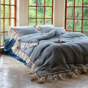 Duvet Cover-French ruffle plaid  bedroom; or bedding set: /bed sheet/pillow case/duvet cover (Queen/Full/King)