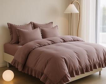 Dusty Rose Ruffle Duvet Cover | Mauve Cotton Bedding | Romantic Cottage Core | Elegant Frilled Comforter Cover | King Queen Twin