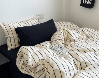 Black and Beige stripe Cotton Duvet Cover & Bedding Set: Sheets, Pillowcases (Twin/Queen/King)