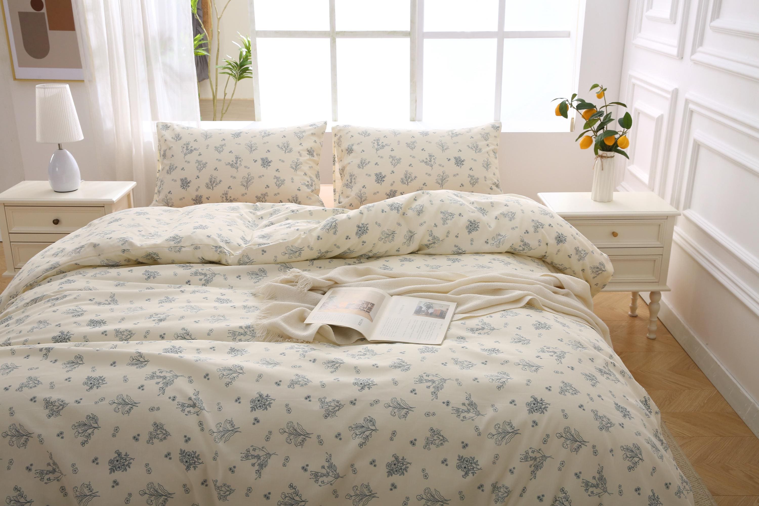 Cream Floral Duvet Cover Set: Vintage Cottagecore Cotton Bedding