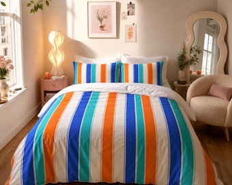 Colorful Vertical Stripes Cotton Bed Set | Blue Orange Teal Stripe Duvet Cover