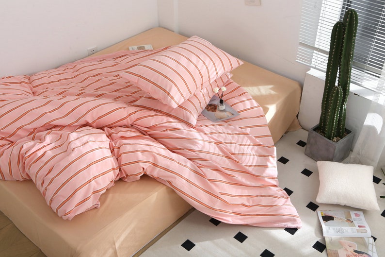 Instachic Vitamin Color Stripe Washed Cotton Bedding Set Bee Pink