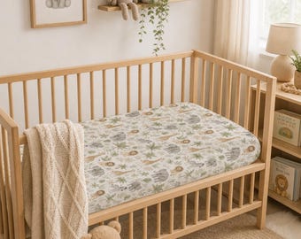 Safari Animals pattern Baby Fitted Crib Sheet | lions elephants giraffes palm leaves