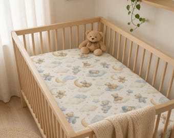Sleeping Teddy Moon Pattern Baby Fitted Crib Sheet