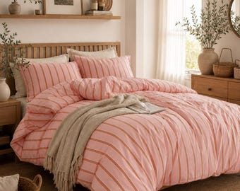 Striped Duvet Cover Set, Washed Cotton Bedding, Green Pink Blue Stripe Bedding, Queen King Duvet Cover, Farmhouse Coastal Bedroom Decor