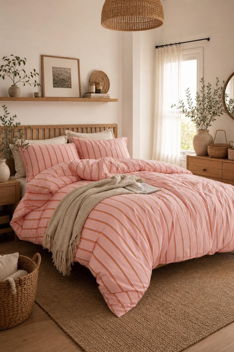 Striped duvet cover set in washed cotton bedding for cozy farmhouse bedroom decor