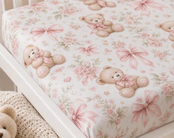 Teddy Bears and Bows Baby Fitted Crib Sheet | Pink Floral Nursery