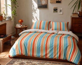 Retro Orange Blue Stripe Cotton Bed Set | Duvet Cover & Pillowcases