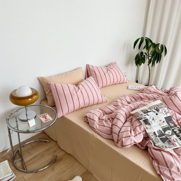 Insta-Chic Vitamin Color Stripe Washed Cotton Bedding Set: Bee Pink Sheets & Duvet Cover - Available in Twin, Full, Queen, King