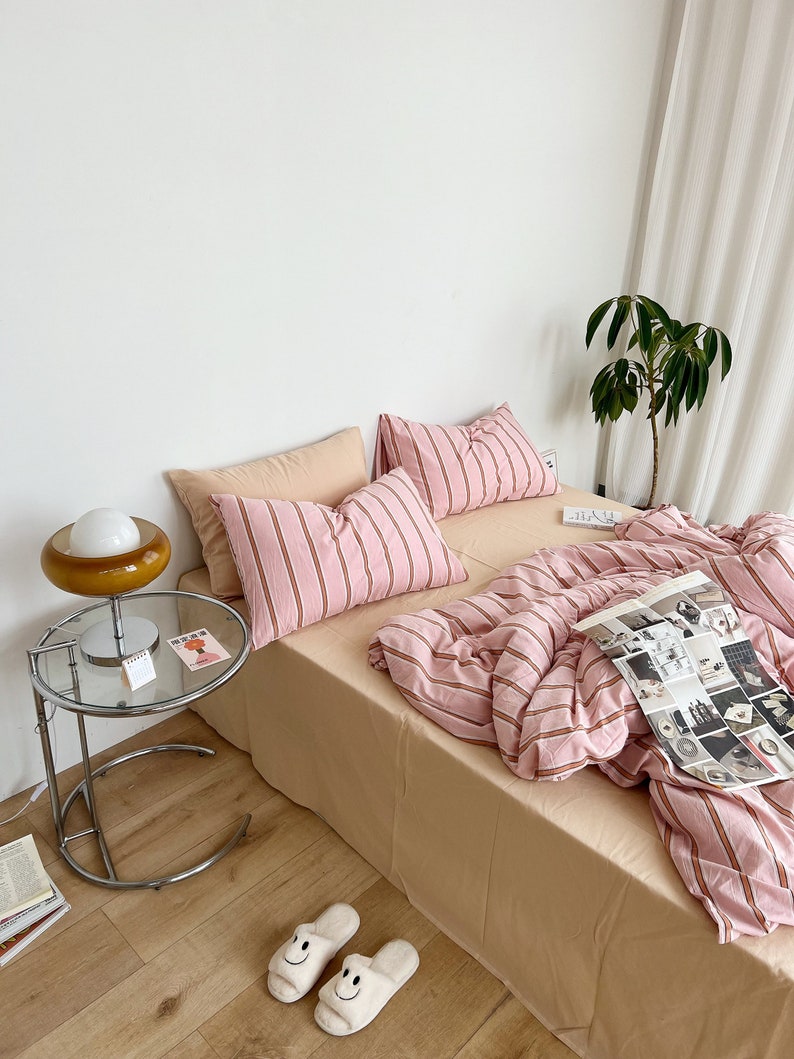 Insta-Chic Vitamin Color Stripe Washed Cotton Bedding Set: Bee Pink Sheets & Duvet Cover - Available in Twin, Full, Queen, King