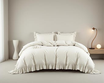 Elegant White Ruffle Duvet Cover | Timeless Bedroom Decor | Soft Cotton Comforter Cover | Cottage Core Bedding | Vintage Style King Queen