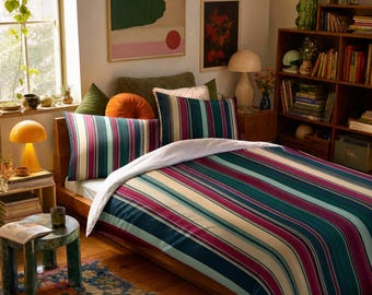 Retro Orange Blue Stripe Cotton Bed Set | Duvet Cover & Pillowcases