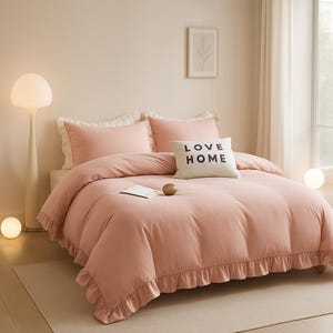 Blush Pink Ruffled Cotton Duvet Cover Set: Farmhouse Bedding