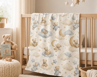 Teddy Bears on Clouds Baby Swaddle Blanket | Moon Stars Nursery