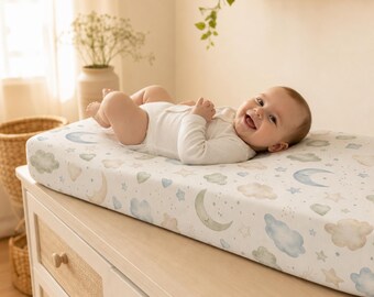 Moon and Clouds Baby Changing Pad Cover | Neutral Nursery Stars Hearts